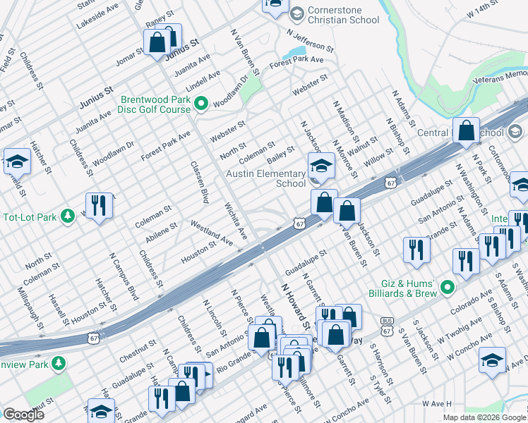 map of restaurants, bars, coffee shops, grocery stores, and more near 677 Angelo Blvd in San Angelo