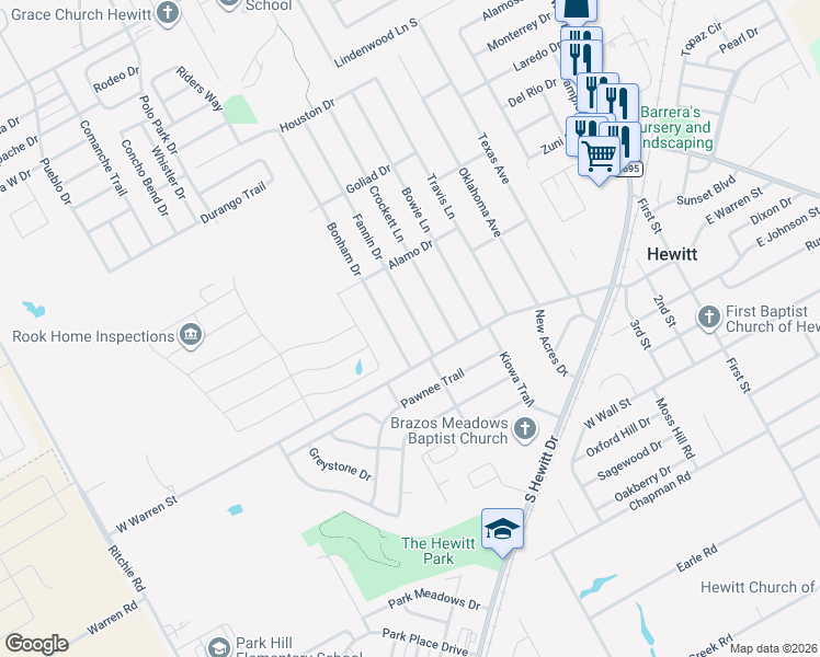 map of restaurants, bars, coffee shops, grocery stores, and more near 109 Fannin Drive in Hewitt