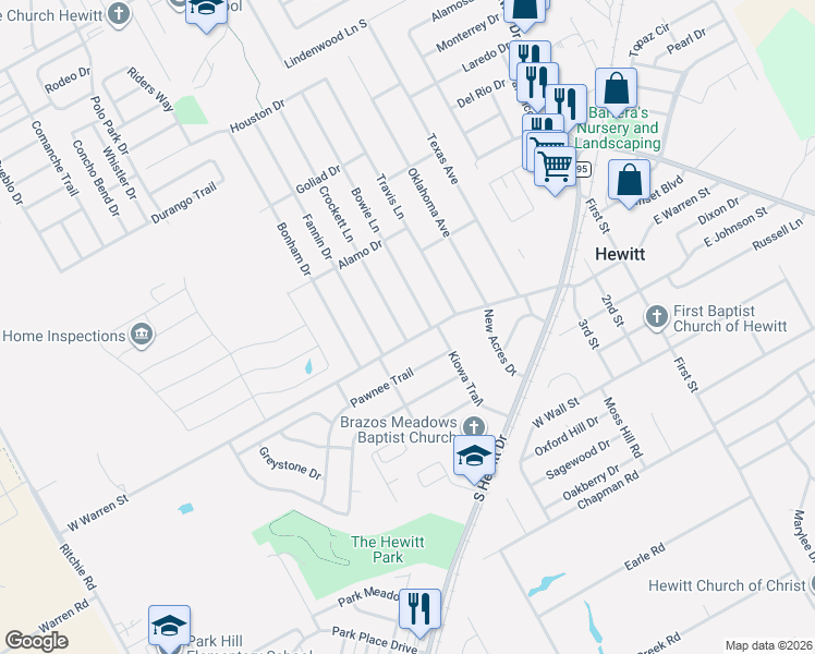 map of restaurants, bars, coffee shops, grocery stores, and more near 101 Crockett Lane in Hewitt