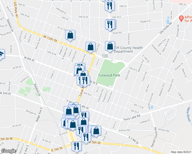 map of restaurants, bars, coffee shops, grocery stores, and more near 810 North Tift Avenue in Tifton