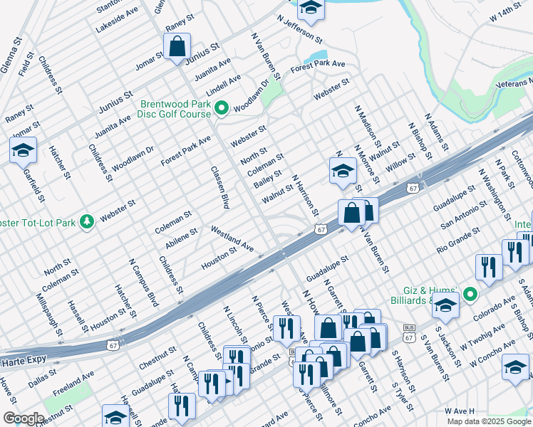 map of restaurants, bars, coffee shops, grocery stores, and more near 700-798 Wichita Avenue in San Angelo