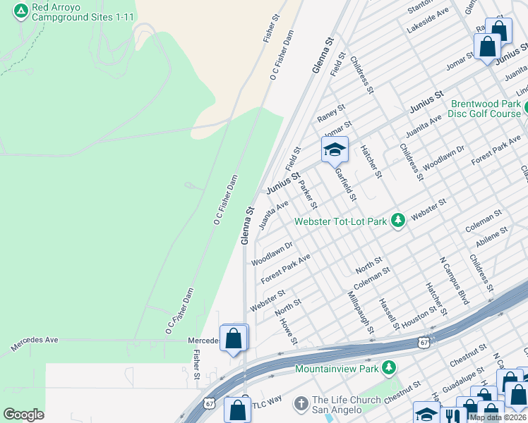 map of restaurants, bars, coffee shops, grocery stores, and more near 3106 Lindell Avenue in San Angelo