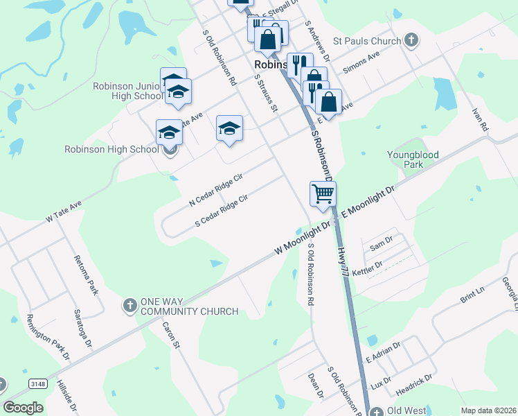 map of restaurants, bars, coffee shops, grocery stores, and more near 901 South Old Robinson Road in Robinson