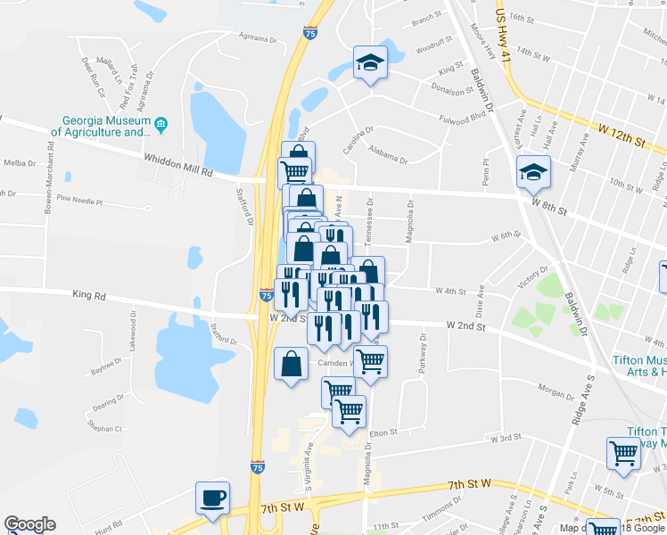 map of restaurants, bars, coffee shops, grocery stores, and more near 292 Virginia Avenue North in Tifton