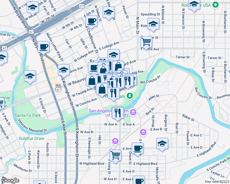 map of restaurants, bars, coffee shops, grocery stores, and more near 24 East Concho Avenue in San Angelo