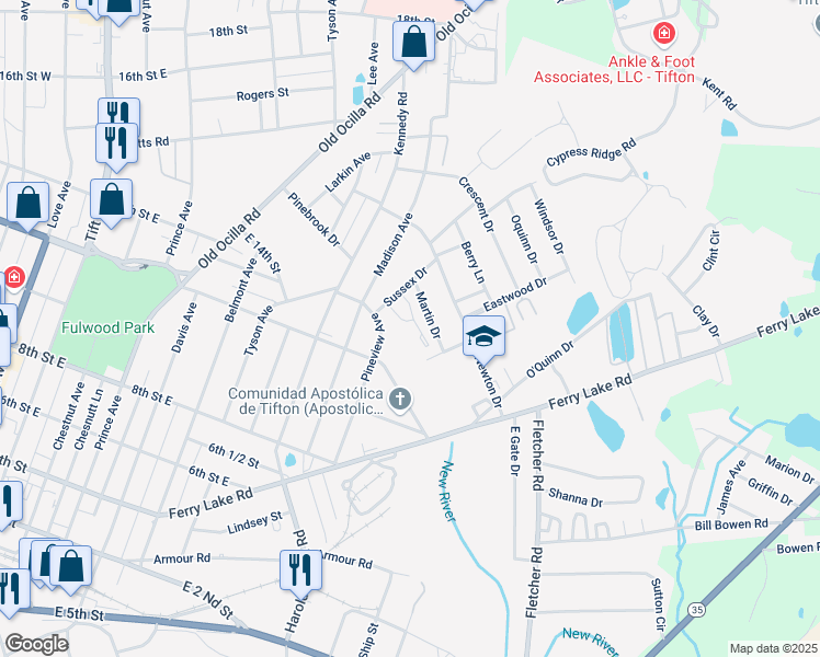 map of restaurants, bars, coffee shops, grocery stores, and more near 1220 Sussex Drive in Tifton