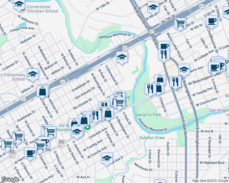 map of restaurants, bars, coffee shops, grocery stores, and more near 922 Pecos Street in San Angelo