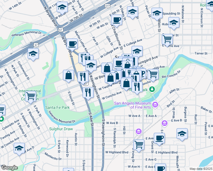 map of restaurants, bars, coffee shops, grocery stores, and more near 212 West Twohig Avenue in San Angelo