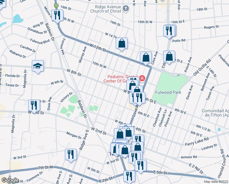 map of restaurants, bars, coffee shops, grocery stores, and more near 603-699 Clyde Lane in Tifton