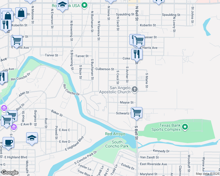 map of restaurants, bars, coffee shops, grocery stores, and more near 357 South Irene Street in San Angelo