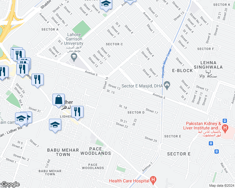 map of restaurants, bars, coffee shops, grocery stores, and more near Street 13 in Lahore