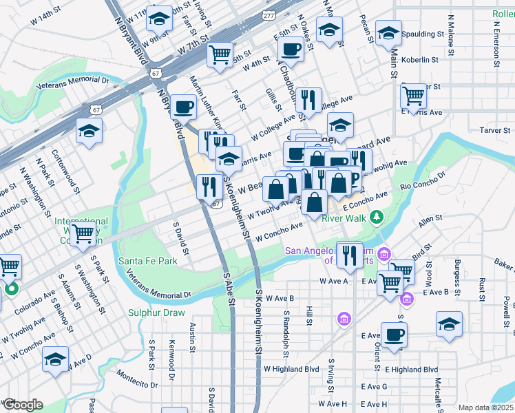map of restaurants, bars, coffee shops, grocery stores, and more near 212 West Twohig Avenue in San Angelo