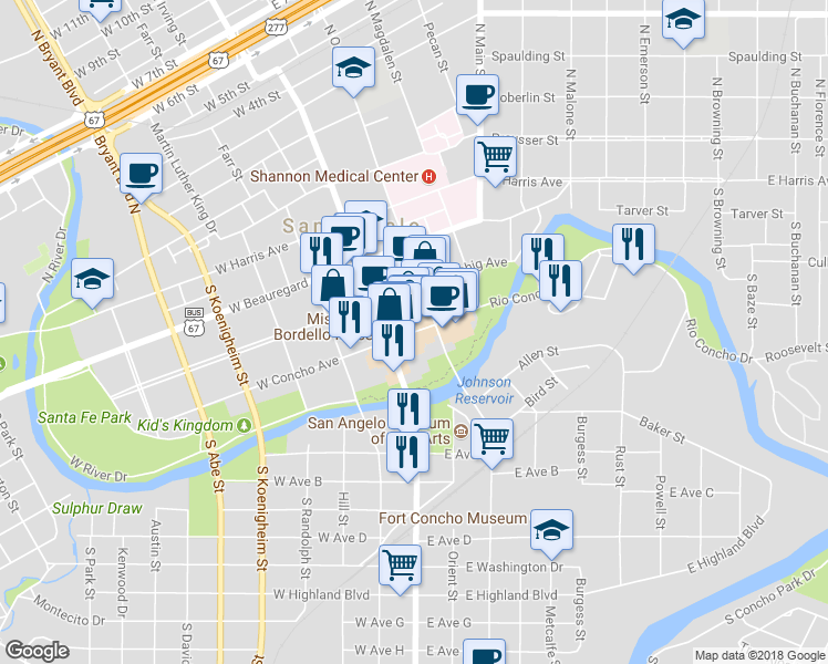 map of restaurants, bars, coffee shops, grocery stores, and more near 24 East Concho Avenue in San Angelo