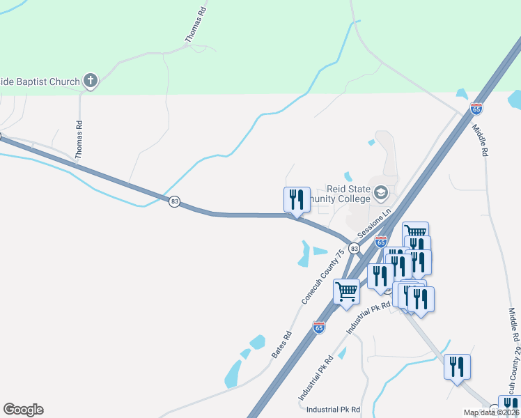 map of restaurants, bars, coffee shops, grocery stores, and more near 434 Alabama 83 in Evergreen