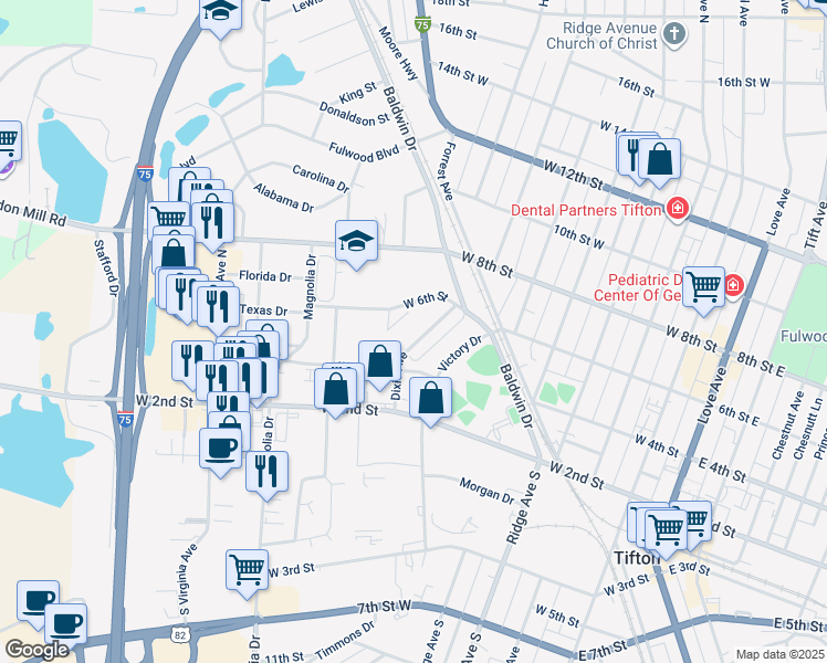map of restaurants, bars, coffee shops, grocery stores, and more near 434 Dixie Avenue in Tifton