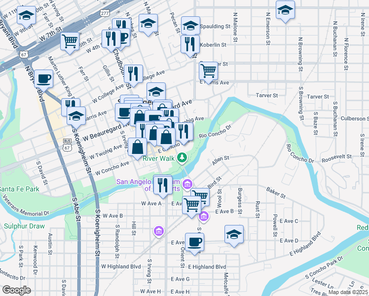 map of restaurants, bars, coffee shops, grocery stores, and more near 113 East Concho Avenue in San Angelo