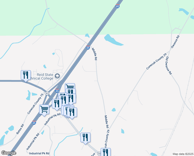 map of restaurants, bars, coffee shops, grocery stores, and more near Middle Road in Evergreen