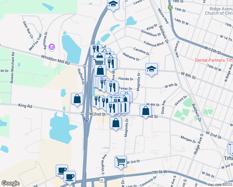 map of restaurants, bars, coffee shops, grocery stores, and more near 416 Tennessee Drive in Tifton
