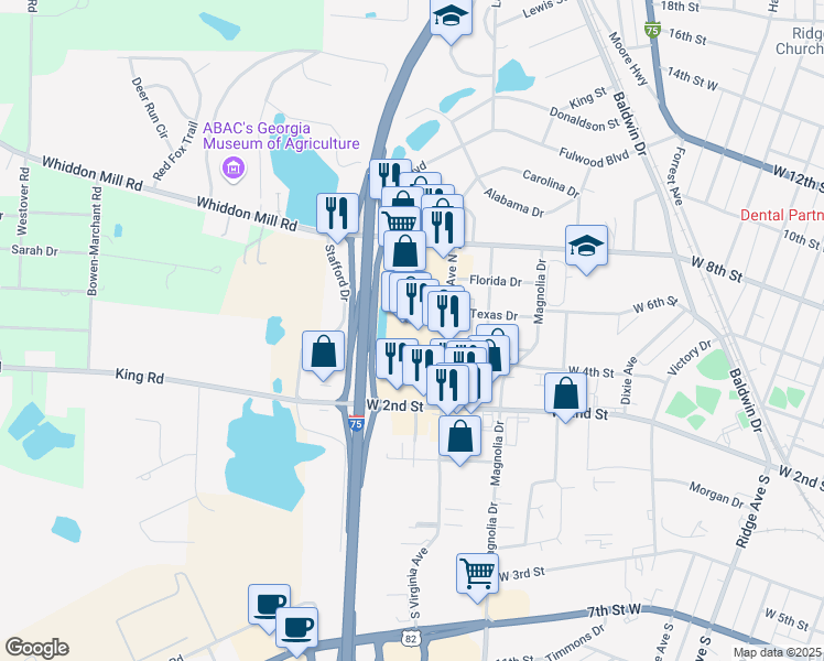 map of restaurants, bars, coffee shops, grocery stores, and more near 458 Virginia Avenue North in Tifton