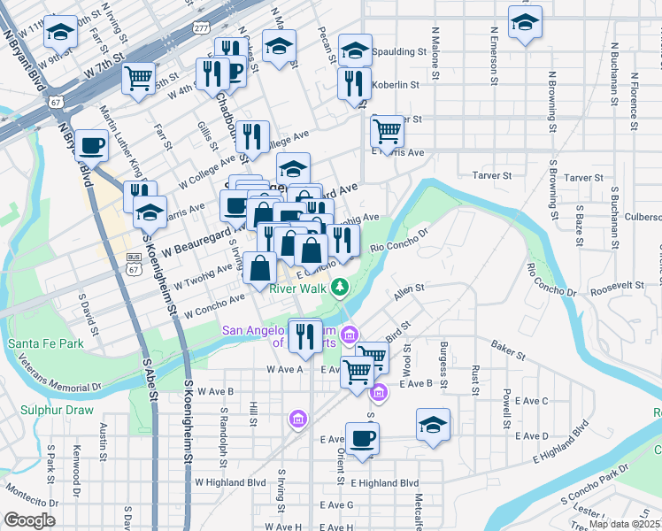 map of restaurants, bars, coffee shops, grocery stores, and more near 113 East Concho Avenue in San Angelo
