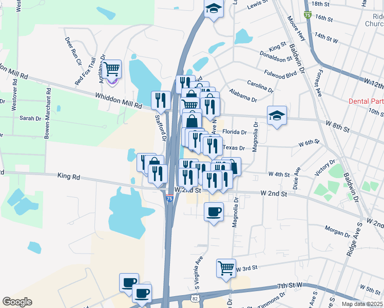 map of restaurants, bars, coffee shops, grocery stores, and more near 458 Virginia Avenue North in Tifton