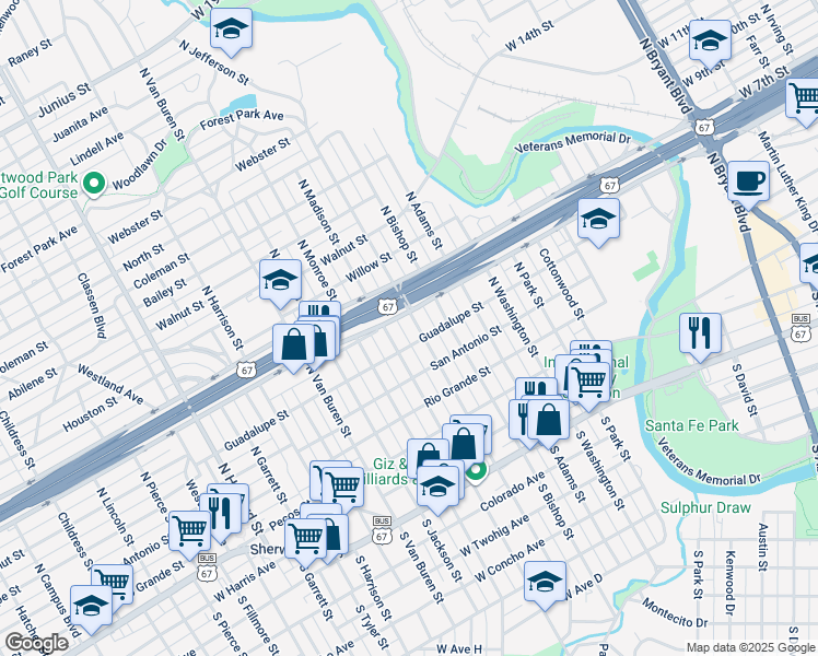 map of restaurants, bars, coffee shops, grocery stores, and more near 422 North Jefferson Street in San Angelo