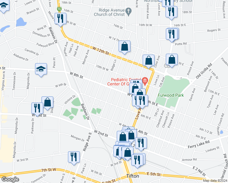 map of restaurants, bars, coffee shops, grocery stores, and more near 801 North Ridge Avenue in Tifton
