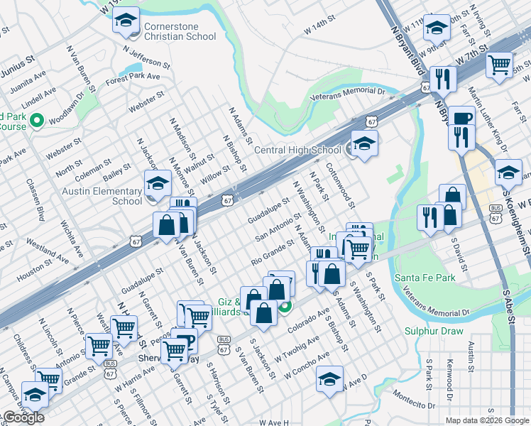 map of restaurants, bars, coffee shops, grocery stores, and more near 1200-1298 Guadalupe St in San Angelo