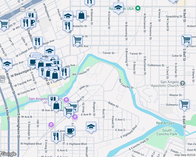 map of restaurants, bars, coffee shops, grocery stores, and more near 401 Rio Concho Drive in San Angelo