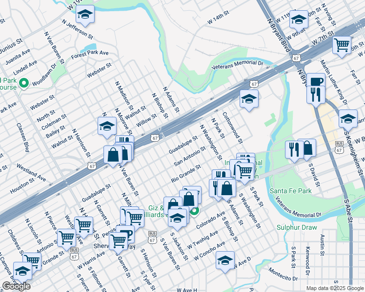 map of restaurants, bars, coffee shops, grocery stores, and more near 1298 Guadalupe St in San Angelo