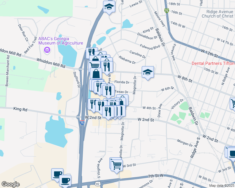 map of restaurants, bars, coffee shops, grocery stores, and more near 416 Tennessee Drive in Tifton