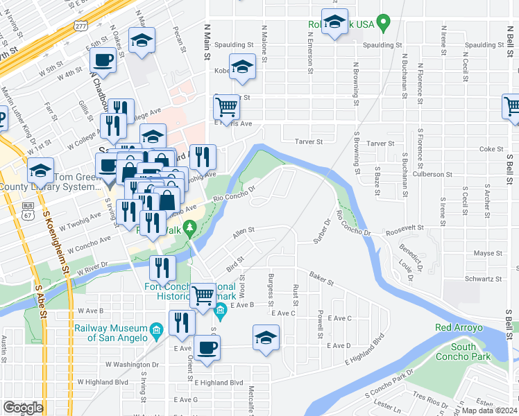 map of restaurants, bars, coffee shops, grocery stores, and more near 401 Rio Concho Drive in San Angelo