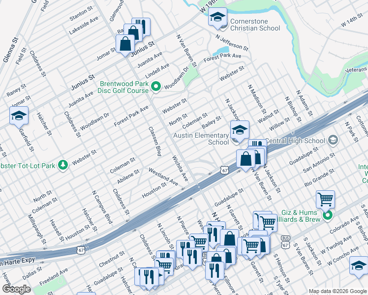 map of restaurants, bars, coffee shops, grocery stores, and more near 2020 Walnut Street in San Angelo