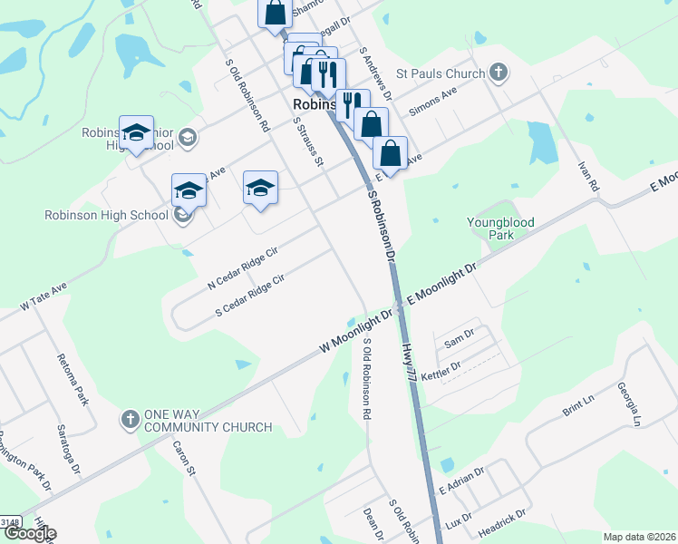 map of restaurants, bars, coffee shops, grocery stores, and more near 901 South Old Robinson Road in Robinson