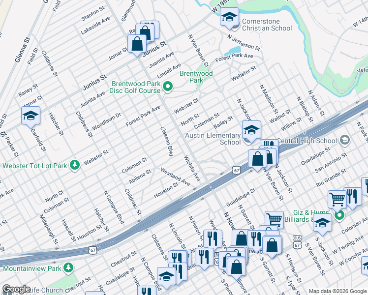 map of restaurants, bars, coffee shops, grocery stores, and more near 2101 Coleman Street in San Angelo