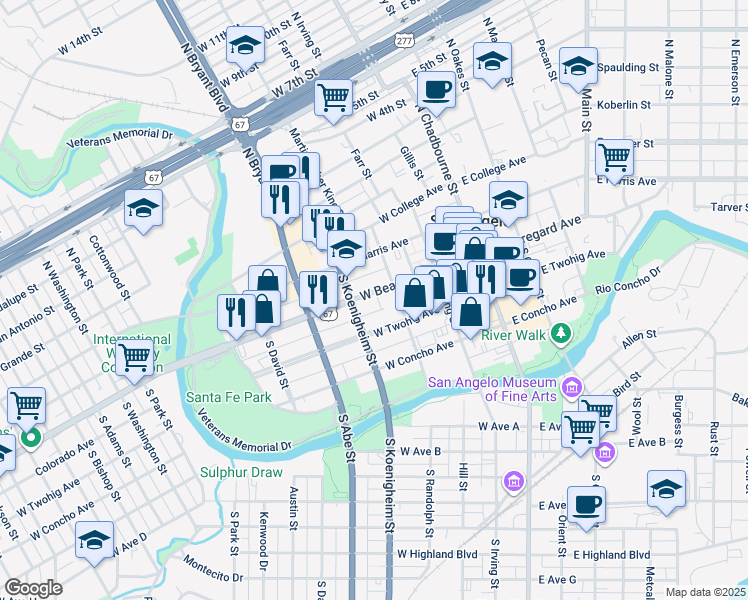 map of restaurants, bars, coffee shops, grocery stores, and more near 217 West Beauregard Avenue in San Angelo