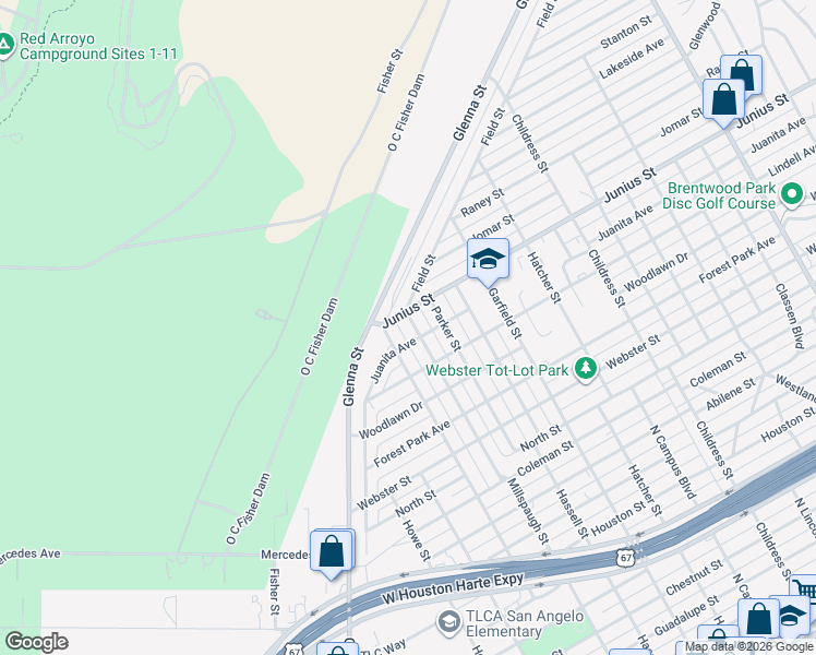 map of restaurants, bars, coffee shops, grocery stores, and more near 2951-2999 Junius Street in San Angelo