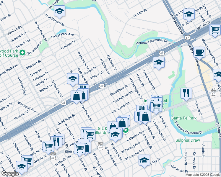 map of restaurants, bars, coffee shops, grocery stores, and more near 422 North Jefferson Street in San Angelo