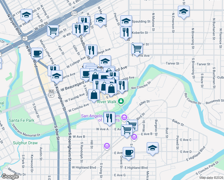 map of restaurants, bars, coffee shops, grocery stores, and more near 215 South Oakes Street in San Angelo