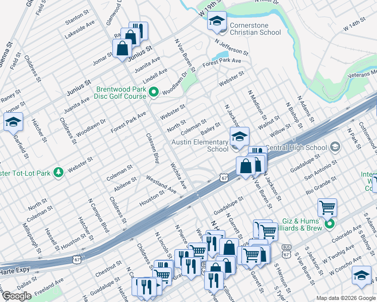 map of restaurants, bars, coffee shops, grocery stores, and more near 2020 Walnut Street in San Angelo