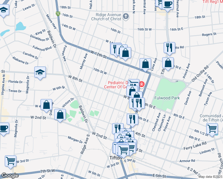 map of restaurants, bars, coffee shops, grocery stores, and more near 801 North Ridge Avenue in Tifton