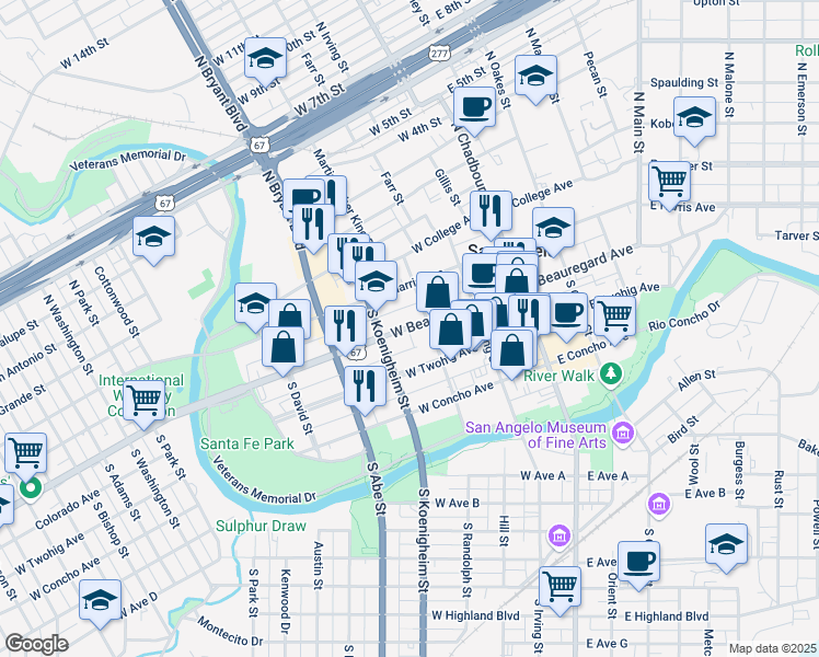 map of restaurants, bars, coffee shops, grocery stores, and more near 217 West Beauregard Avenue in San Angelo