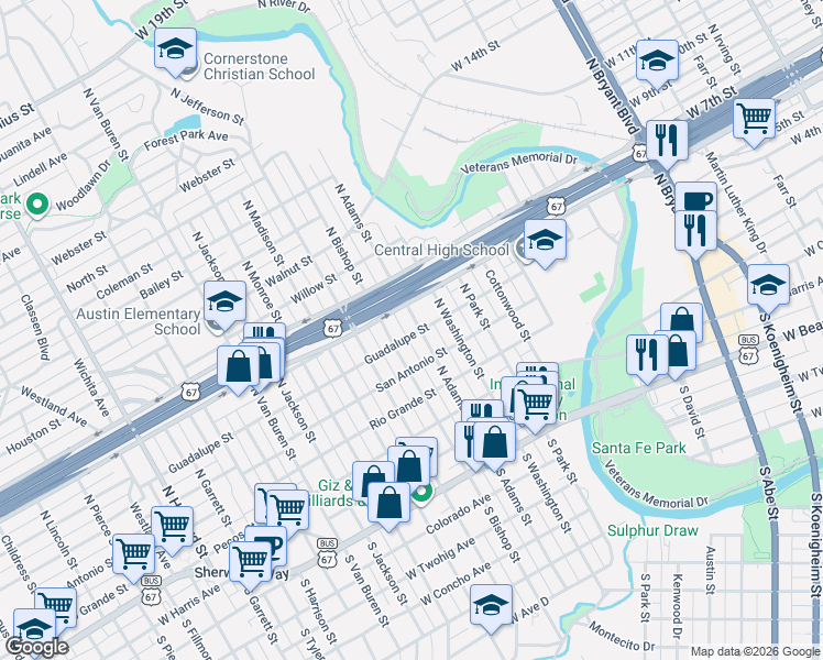 map of restaurants, bars, coffee shops, grocery stores, and more near 1200-1298 Guadalupe St in San Angelo