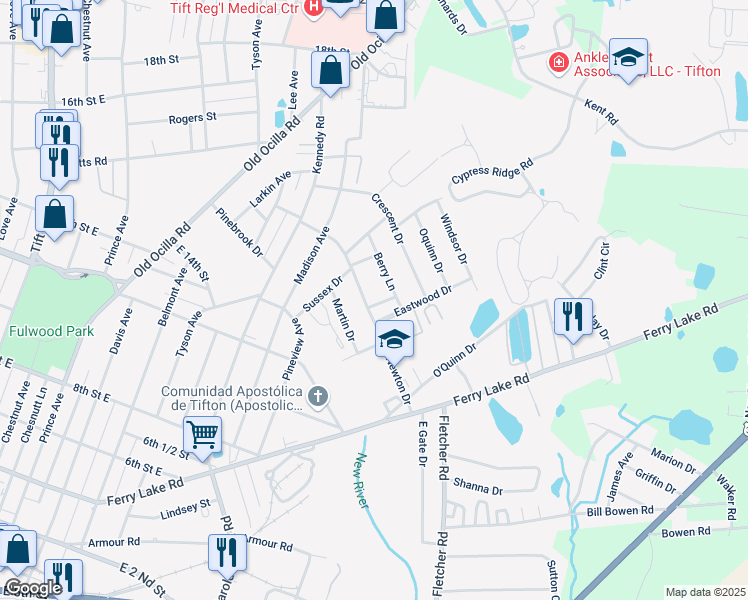 map of restaurants, bars, coffee shops, grocery stores, and more near 1216 Newton Drive in Tifton