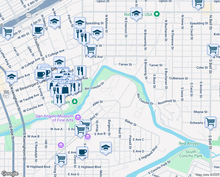 map of restaurants, bars, coffee shops, grocery stores, and more near 401 Rio Concho Drive in San Angelo