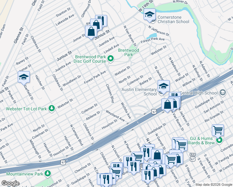 map of restaurants, bars, coffee shops, grocery stores, and more near 2101 Coleman Street in San Angelo