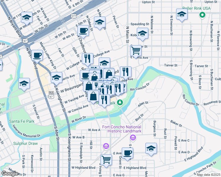 map of restaurants, bars, coffee shops, grocery stores, and more near 33 East Twohig Avenue in San Angelo