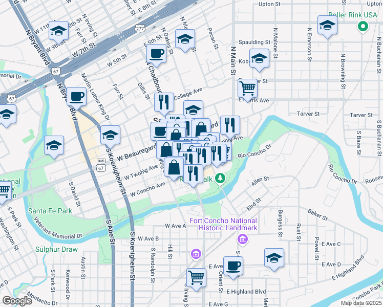 map of restaurants, bars, coffee shops, grocery stores, and more near 33 East Twohig Avenue in San Angelo