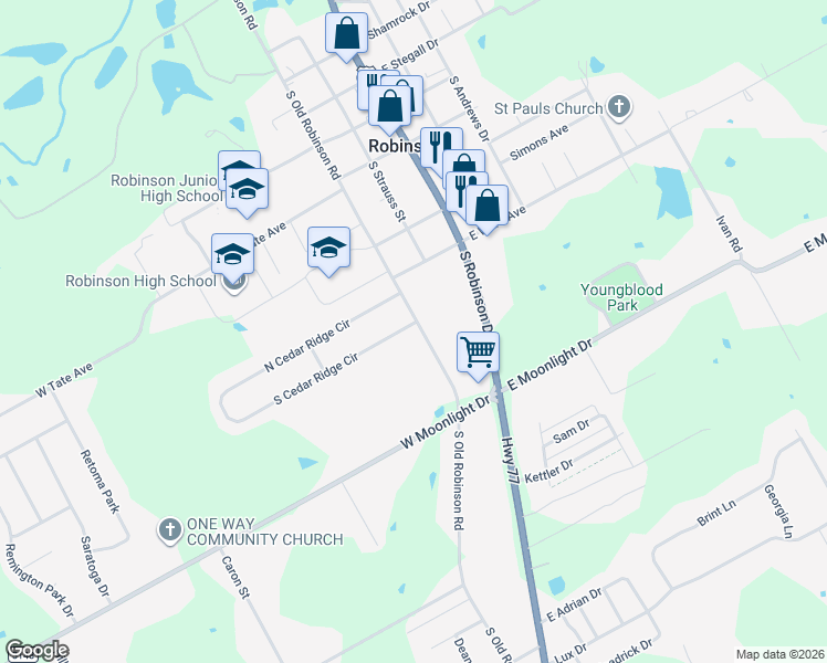 map of restaurants, bars, coffee shops, grocery stores, and more near 306 S Cedar Ridge Cir in Robinson
