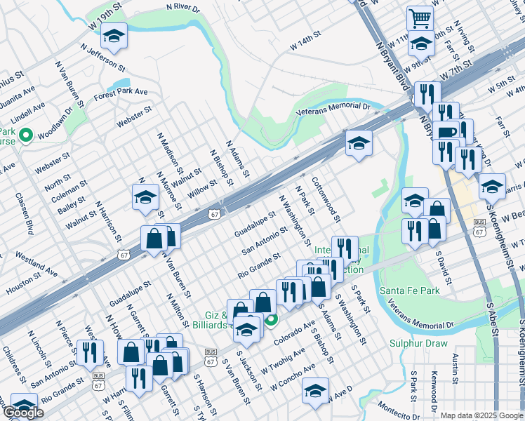 map of restaurants, bars, coffee shops, grocery stores, and more near 1200-1298 Guadalupe St in San Angelo